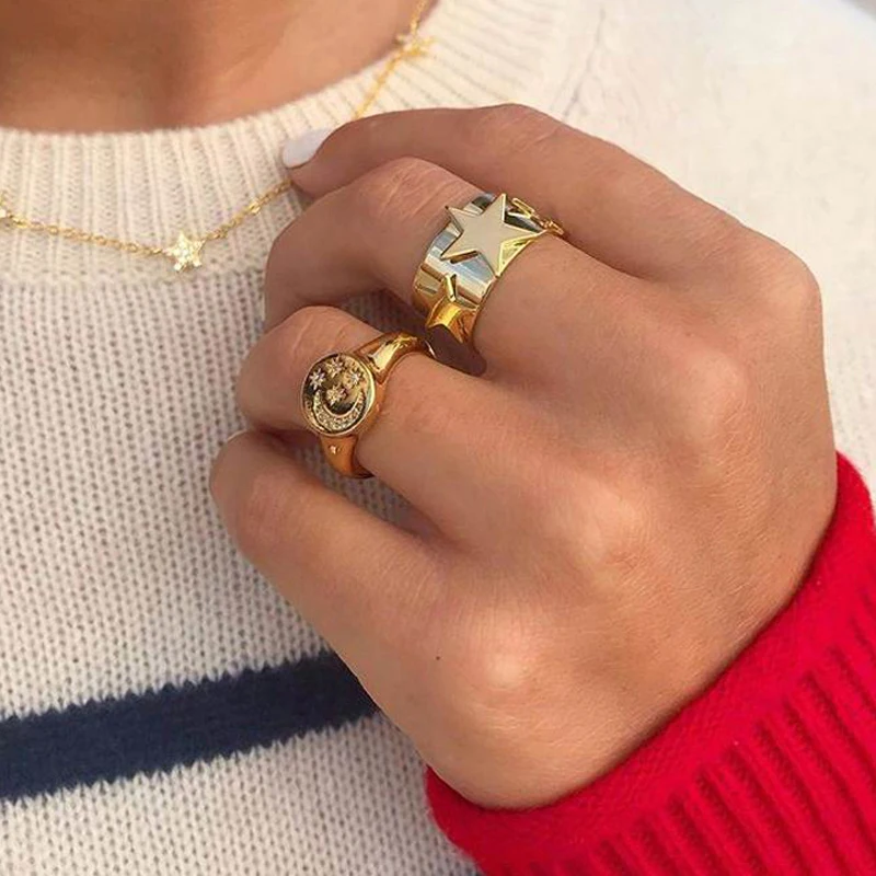 Женское кольцо с выгравированной звездой и луной золотистого цвета 2021|Кольца для