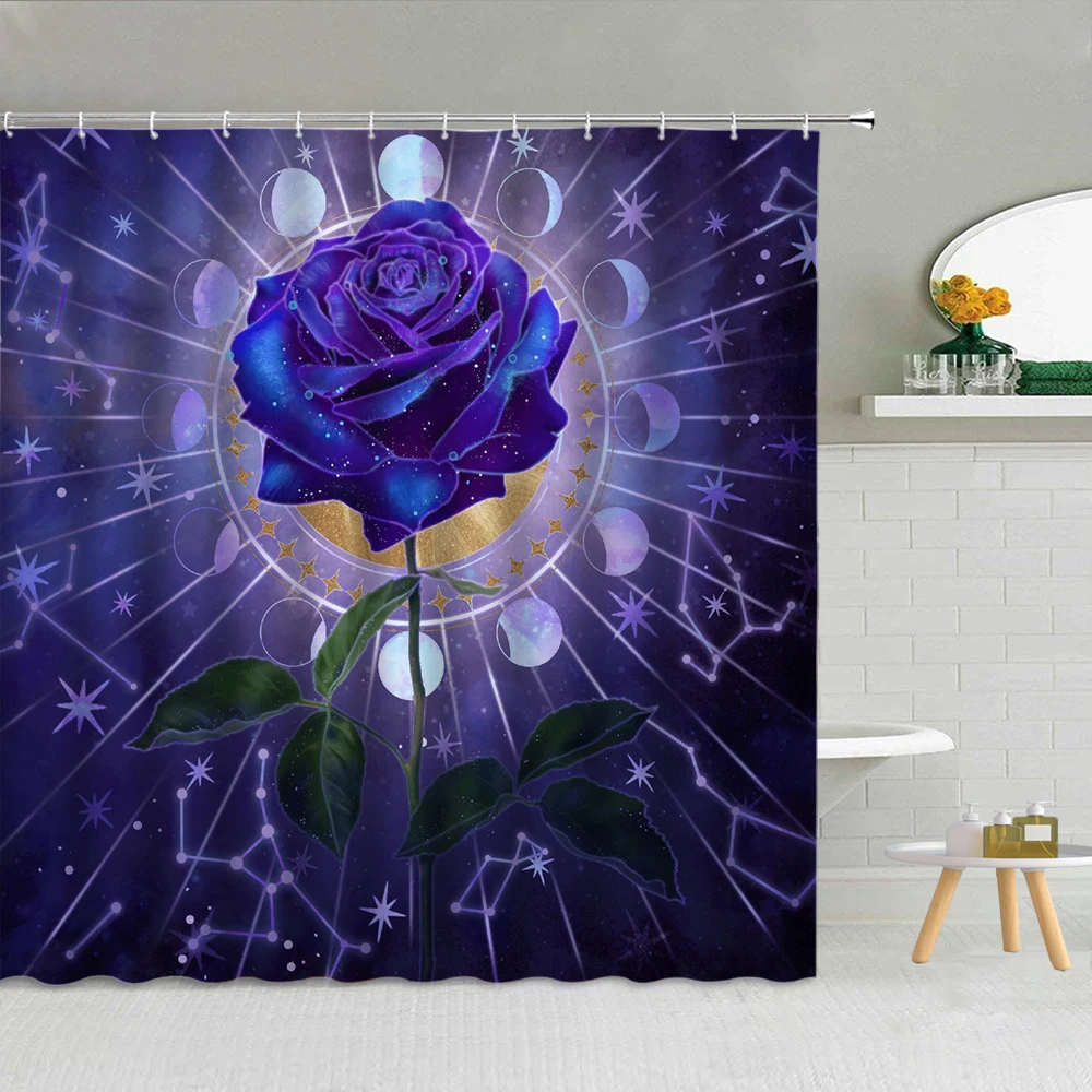 

3D Blue Rose Shower Curtains Constellation Sun Moon Backdrop Pattern Butterfly Raindrop Fabric Bathroom Supplies Hanging Curtain