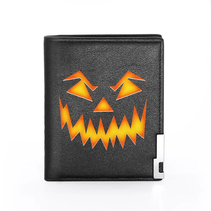 High Quality Halloween Pumpkin Face Cover Men Women Leather Wallet Billfold Slim Credit Card/ID Holders Inserts Short Purses