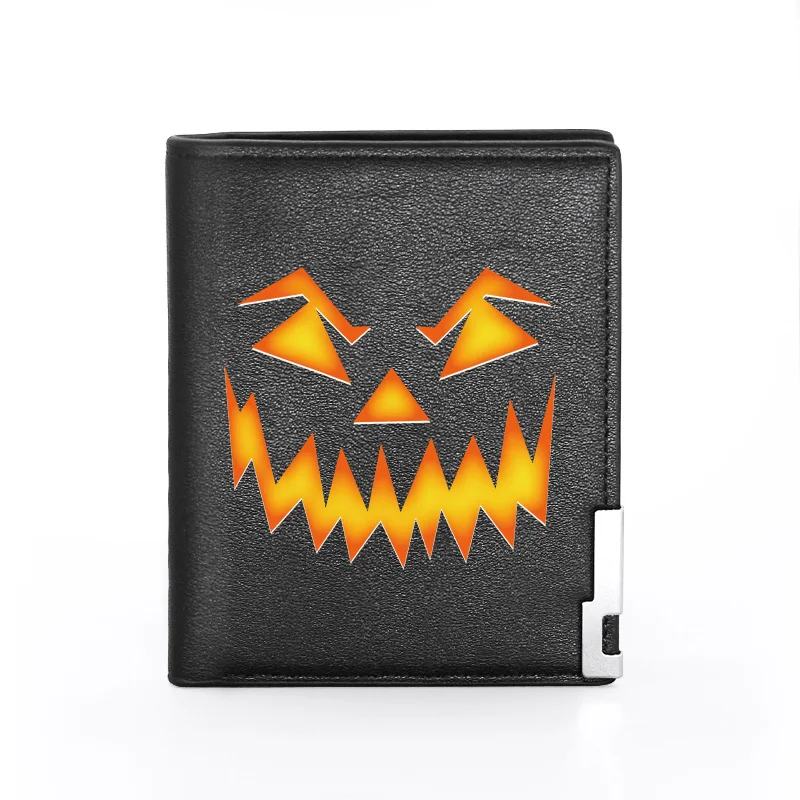 

High Quality Halloween Pumpkin Face Cover Men Women Leather Wallet Billfold Slim Credit Card/ID Holders Inserts Short Purses