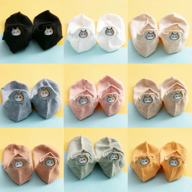 Носки женские с вышивкой в стиле Харадзюку милые хлопковые цветные котом вырезом