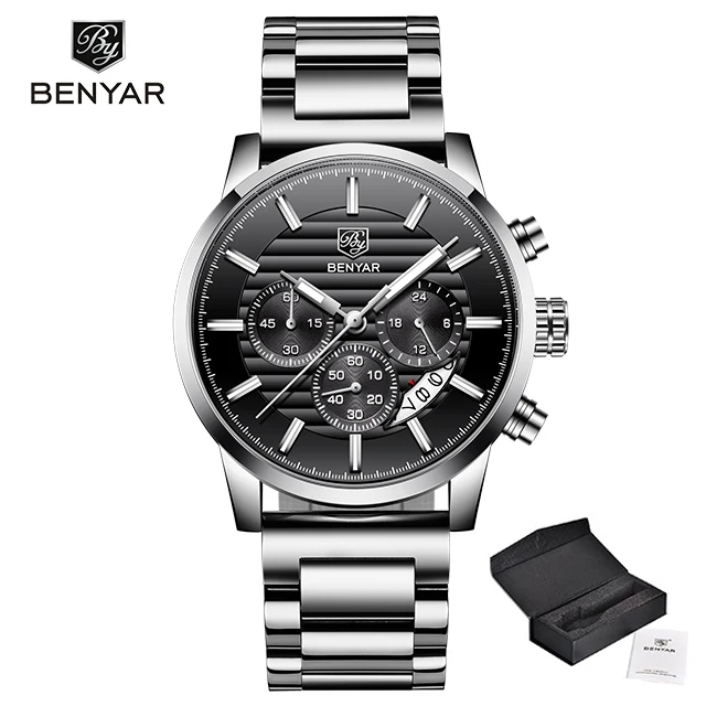 silver black Бренд класса люкс Benyar мужские часы полностью стальные спортивные наручные часы мужские армейские военные часы Мужские кварцевые часы Relogio Masculino - Цвет: silver black