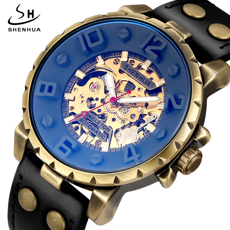 Retro Gear Mechanical Watch Men Automatic Self-winding Unique Skeleton Steampunk Wrist Watches Leather Band Male Clock Uhr Reloj redfire full wooden watch coffee brown men s wood clock gold skeleton self winding wood watches folding clasp reloj masculino