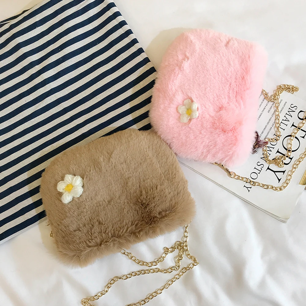 Fashion Faux Fur Women Crossbody Bag Winter Plush Fower Decoration Messenger Office Casual Female Shoulder Handbag | Багаж и сумки