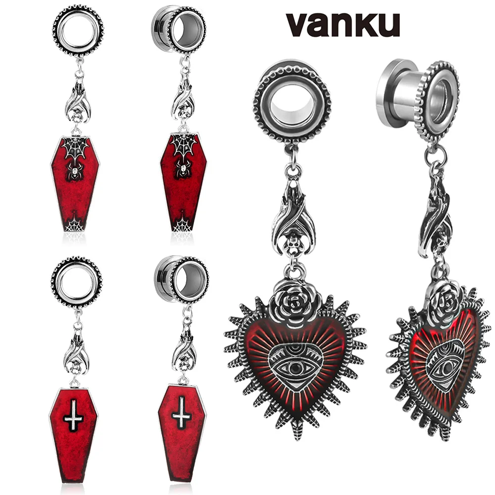 Vanku 2pcs Goth Mysterious Dark Coffin Drop Earrings Jewelry Blood Rose Heart Skull Angel Charms Vintage Earrings For Women