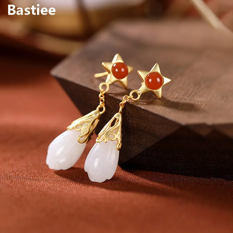 

Bastiee Jade Stud Drop Earrings For Women Star Earings Silver 925 Jewelry Red Agate Gold Plating Magnolia Flower Vintage