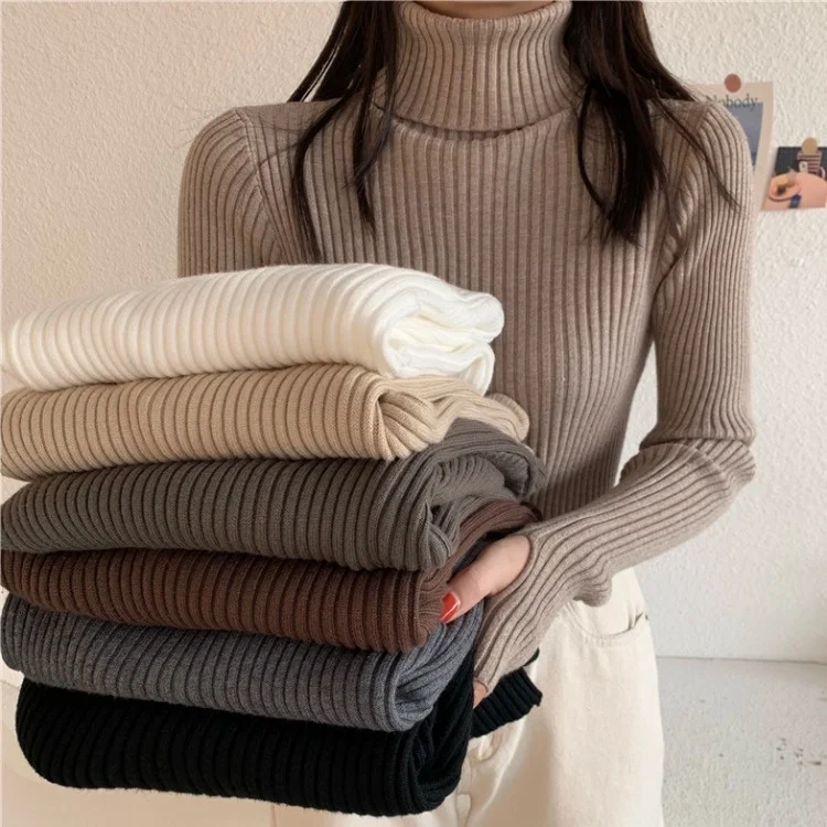

2021ThickenedHighNeckWide Strip Sweater With Bottoming Broken Cuffs And Pile Collar Korean Autumn Winter Long Sleeve Sweater Top