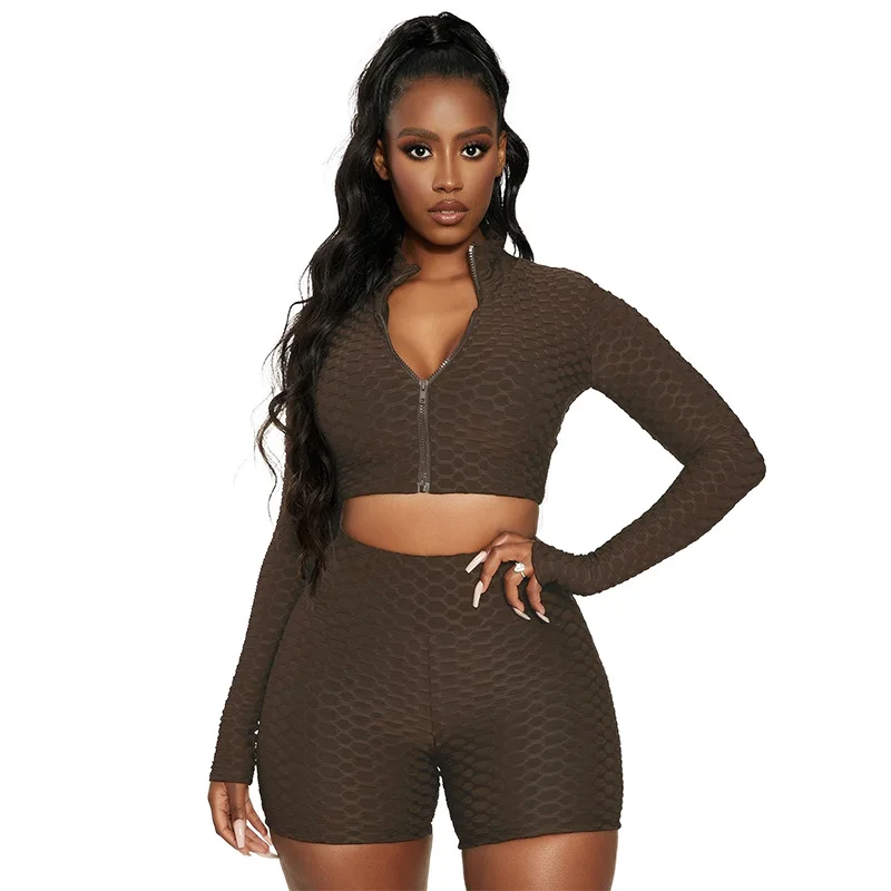 

Kayotuas Women 2Pcs Casual Suit Long Sleeve Front Open V-Neck Zipper Up Slim Fit Bodycon Tops+Shorts Pants Outfit Set Sportswear