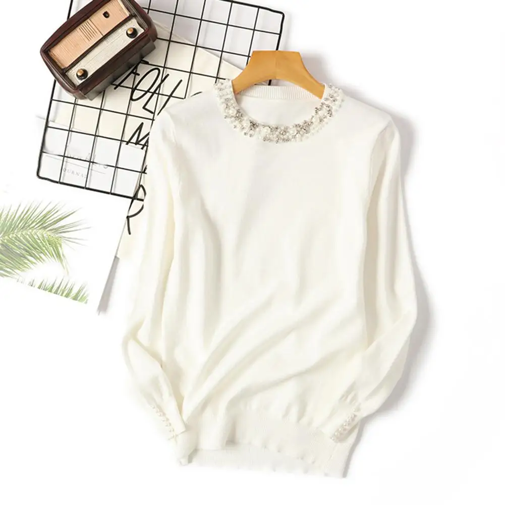 

Casual Women Autumn Winter Solid Color Beads Decor Neck Loose Knitwear Sweater
