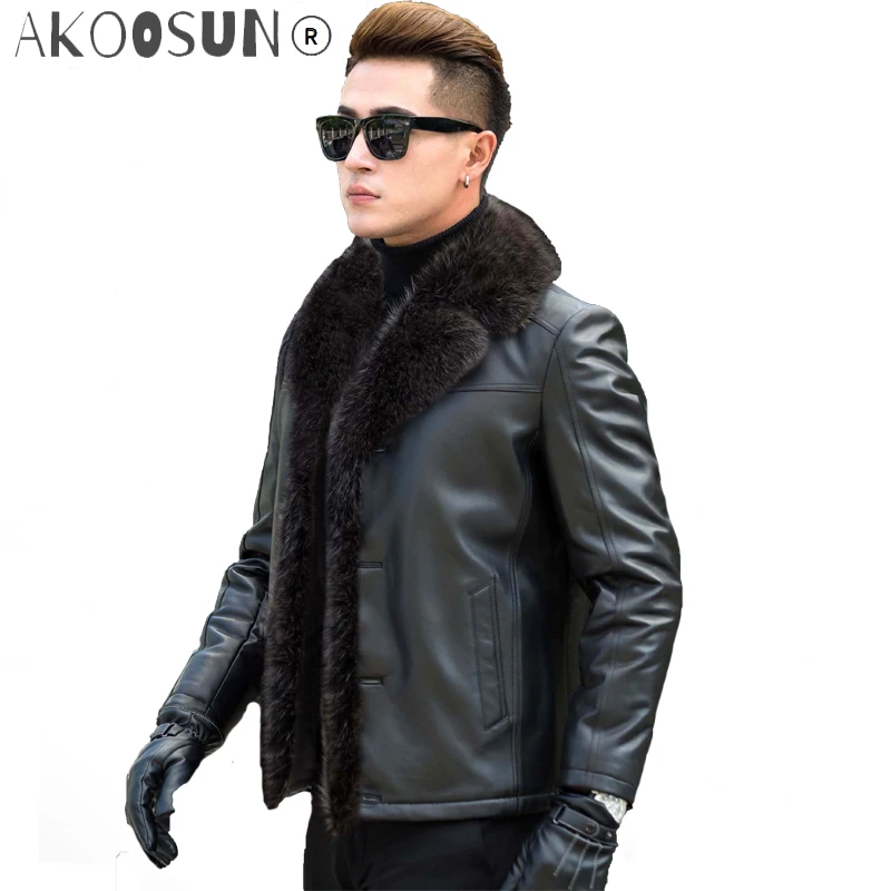 

AKOOSUN Leather Jacket Men Real Raccoon Fur Collar Wool Liner Second Layer of Sheepskin Coat Men Leather Jackets A2020 MY729