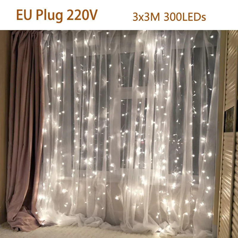 EU Plug 220V 300LEDs Светодиодный светильник-Гирлянда для занавесок, Сказочная сосулька ЕС или батарея, Рождественская гирлянда, Свадебная вечеринка, окно для патио, уличный светильник-гирлянда, украшение - Испускаемый цвет: EU Plug 220V 300LEDs