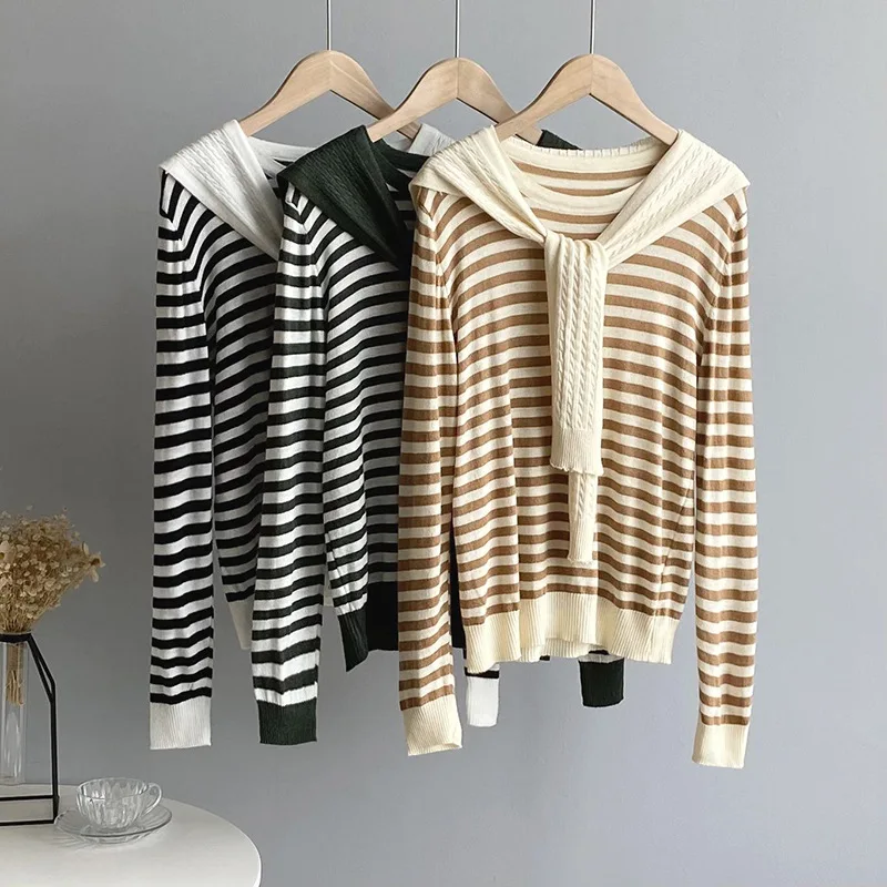 Осенний женский свитер в полоску женские топы с длинным рукавом и круглым