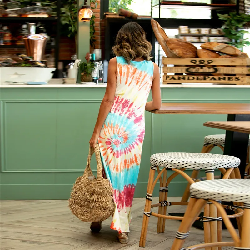 

Fashion Summer 2020 Women Print Tank Dress Elegant Casual O-neck Slim Long Dress for Ladies