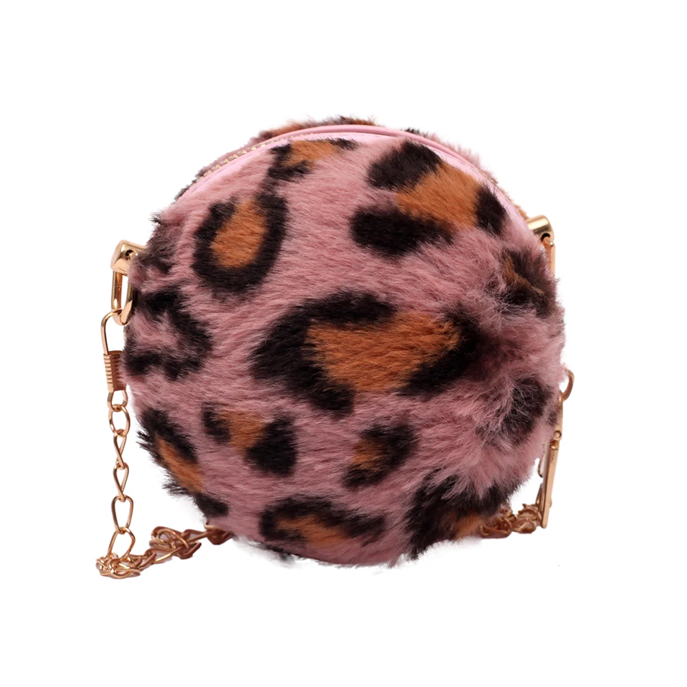 

Female Fluffy Leopard Print Shoulder Bag Mini Mobile Phone Round Chain Crossbody Bag for Ladies Outdoor Shopping