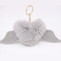 cute girls fluffy rabbit fur angel wing keychain women pompon heart fur ball key ring car bag pompom trinket jewelry party gift