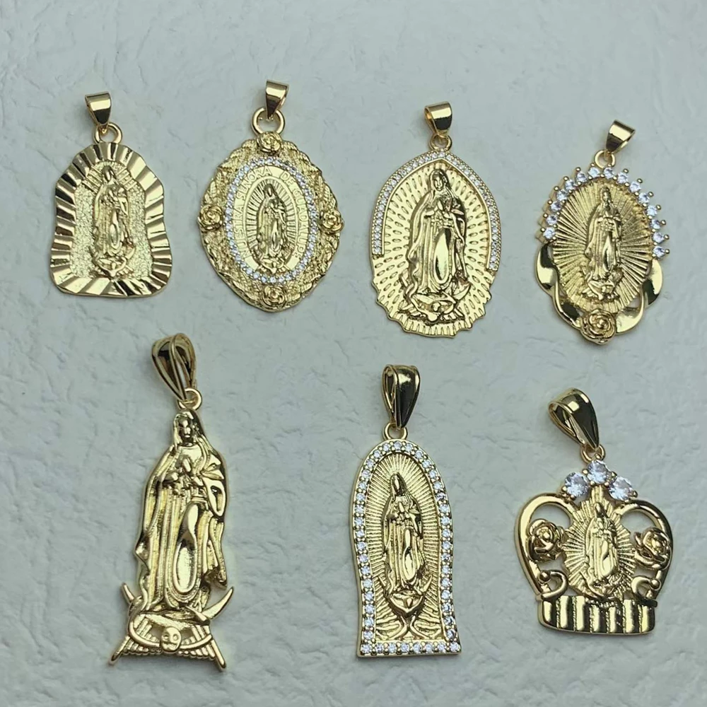 

Metal Rhinestone Medal Crown Guadalupe Virgin Mary Pendants Charms For DIY Jewelry Making Men Women Religion Necklace Wholesale