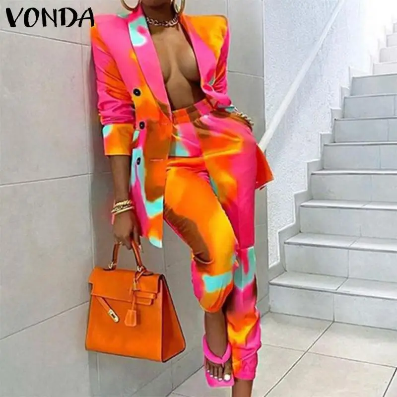 

VONDA осенние женские офисные комплекты 2021 костюм с длинным рукавом с принтом блейзеры деловые куртки и брюки комплект из двух предметов