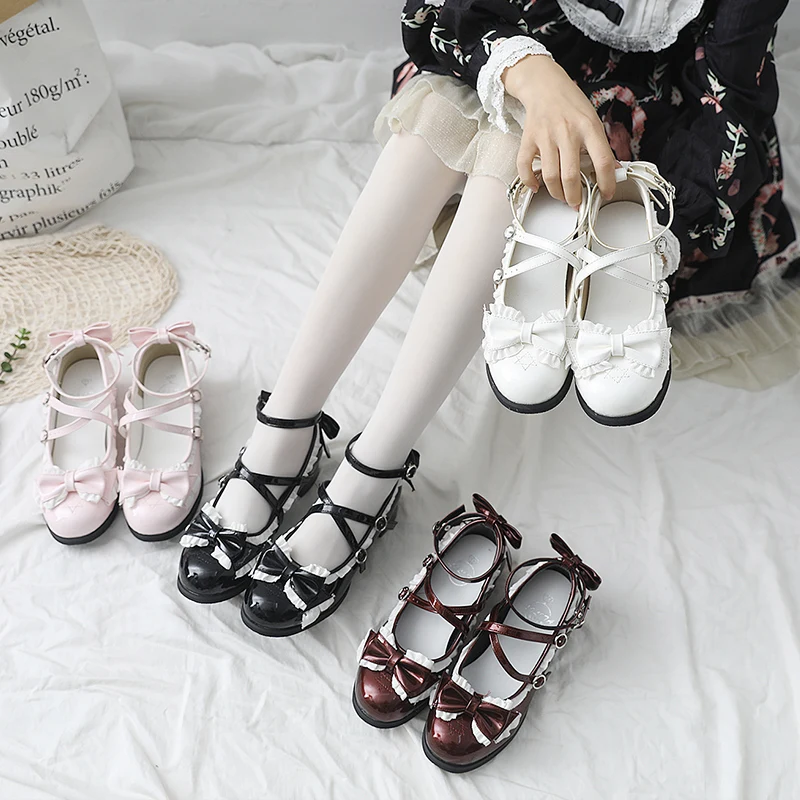 

Lolita Girl Glossy Leather Low Heel Bow Mary Janes Party Dress Shoes