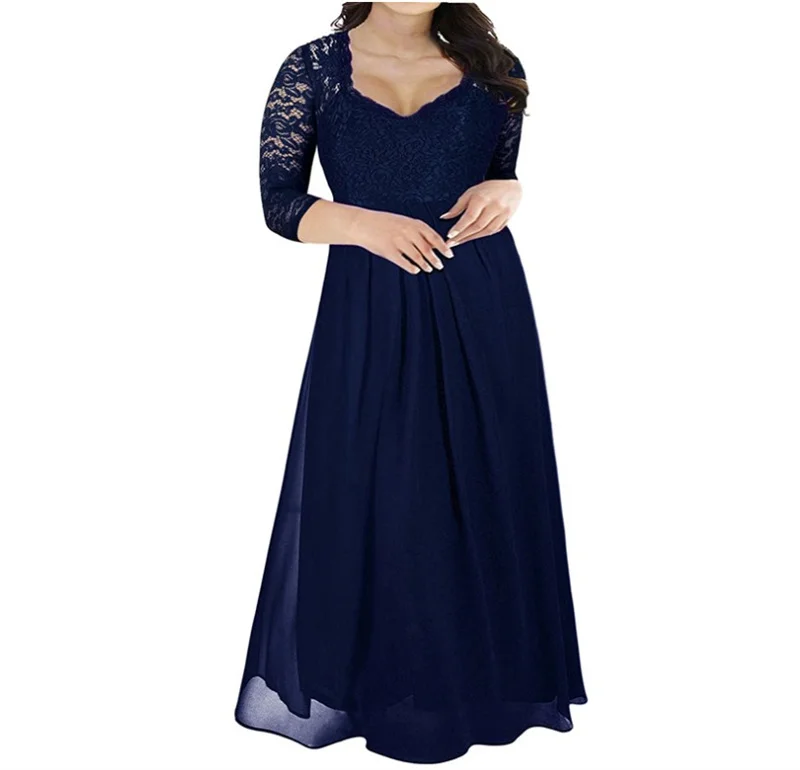 Женское шифоновое платье с V-образным вырезом длинным рукавом и кружевом |