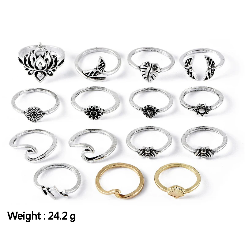 15 шт./компл. женские классические кольца в форме лотоса рыбьего хвоста лист