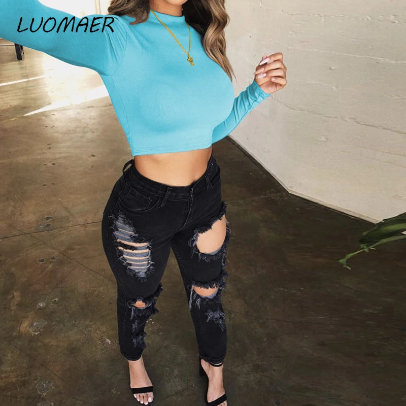 

Luomaer Long Sleeve Crop Top Women Shirts Harajuku Korean Black Burgundy Sexy Clothes Turtleneck Basic Short T Shirt Femme 2018
