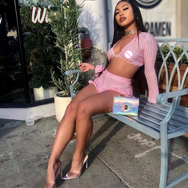 2 шт Сексуальная женская прозрачная вязанная с длинным рукавом v образный вырез в