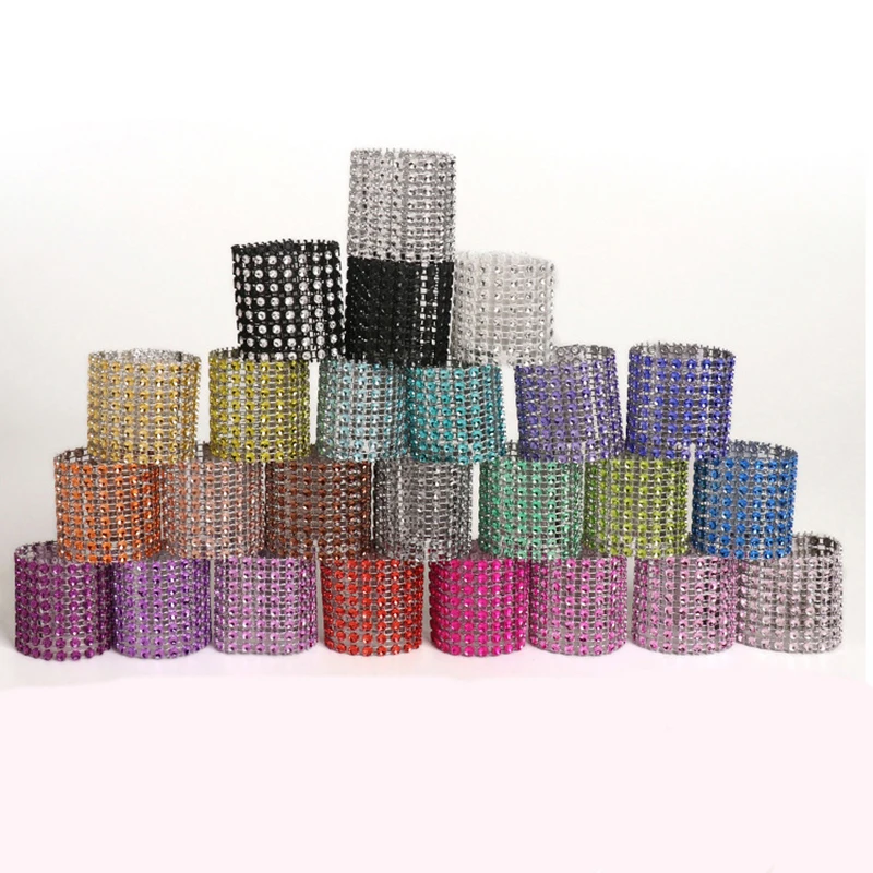 

10Pcs 4*13CM Silver Champagne Color Glitter Rhinestone Napkin Ring Bows Holder Handmade Wedding Party Supplies