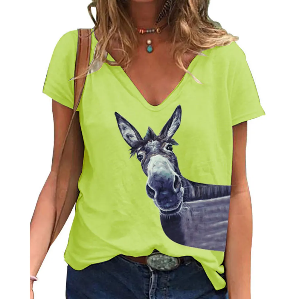 

VICABO Women Short Sleeve Horse Print T-Shirt Casual 2021 New Female Tees Loose V-Neck Summer Tops Plus Size