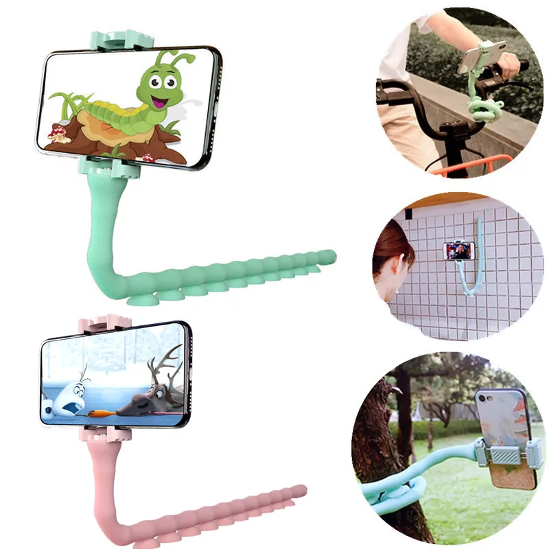 NEW 1PC Cute Caterpillar Lazy Bracket Mobile Phone Holder Worm Flexible Phone Suction Cup Stand For Home Wall Desktop Bicycle