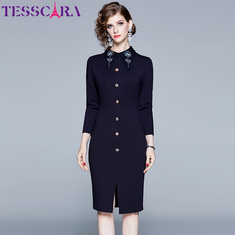 Женское осенне зимнее элегантное платье TESSCARA с бисером рубашка женское для