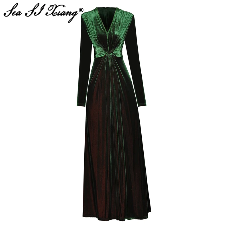 

Seasixiang Fashion Designer Autumn Velvet Dress Women V-Neck Long Sleeve Beading Folds Elegant Party Maxi Dresses