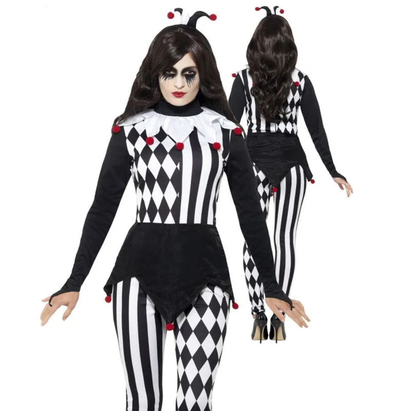 

Women Killer Clown Costume Adult Cosplay Terror Clown Jumpsuits Halloween Funny Scary Clothing White Black Stripe Clown Outfits