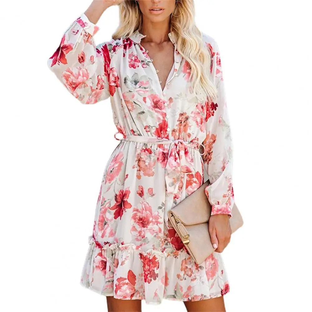 

Women Dress Floral Print Lace-up Autumn V Neck Ruffles Hem Waist Tied dress women elegant 2021 for Office Casual Women Clothing