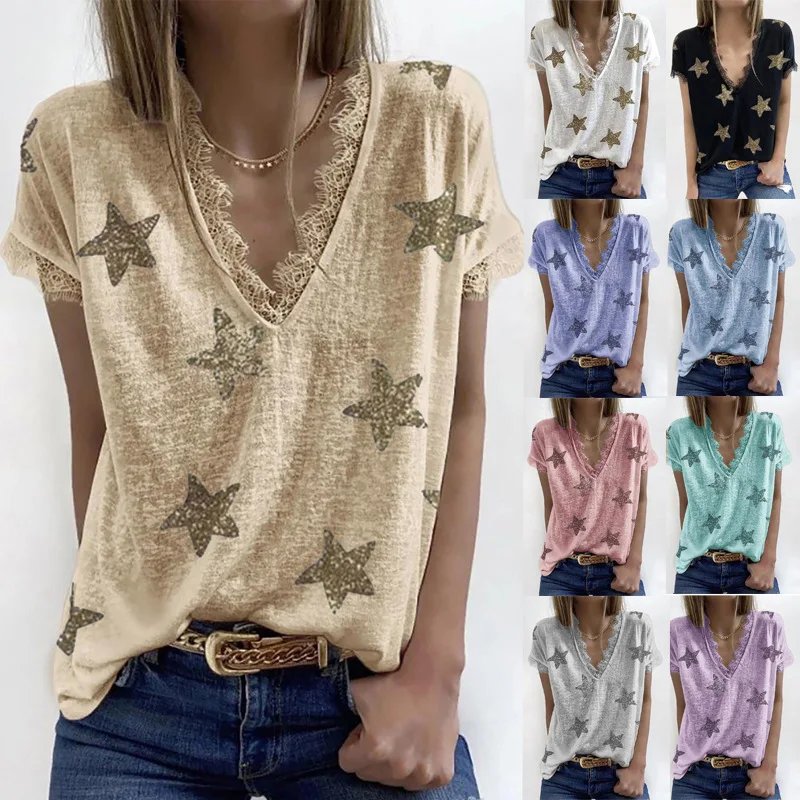 

Summer New Fashion Women's V-Neck Star Printed Lace Oversized T-Shirt Female Casual Solid Color Pullover Crop Tops