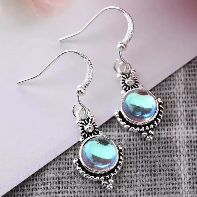 Винтажные серьги подвески с имитацией лунного камня Серебристые для женщин