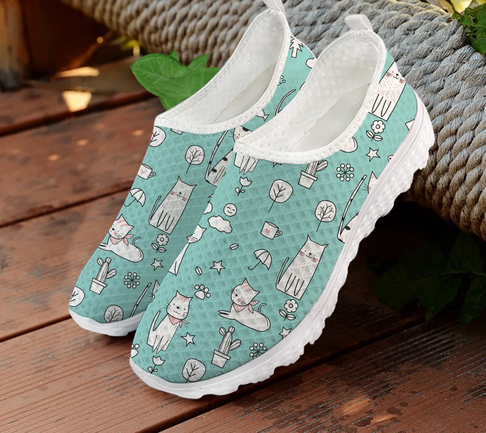 

INSTANTARTS Cute Cat Pattern Ladies Flat Shoes Fashion Simple Elements Summer Sneaker Breathable Walking Mesh Shoes Casual Shoes