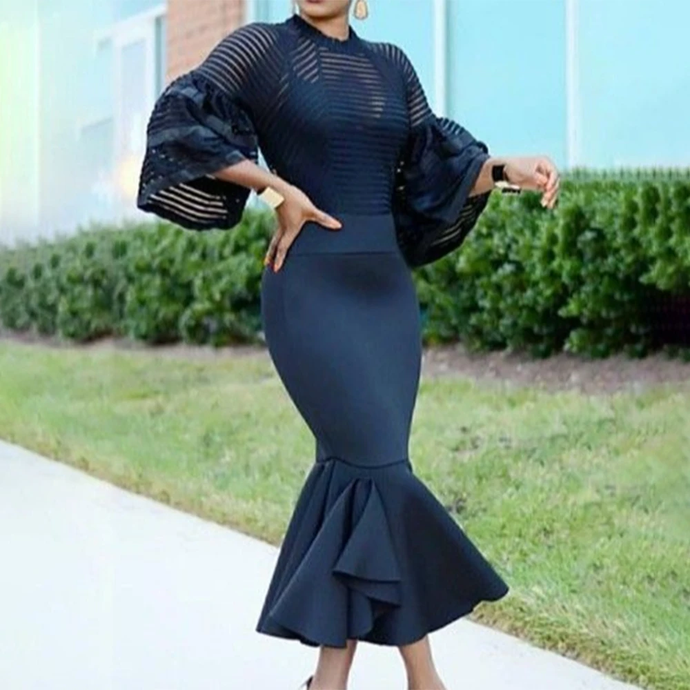 

European American Autumn 2021 New Fashion Female Solid Color High Waist Round Neck Flared Sleeve Dress Sexy Mermaid Skirt