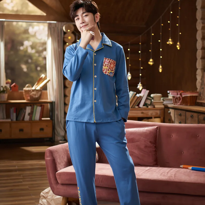 

Nightwear Autumn Turn-down Collar Long Sleeve Male Pajamas Set Cotton Print Sleepwear for Men Winter Warm Silk Lounge