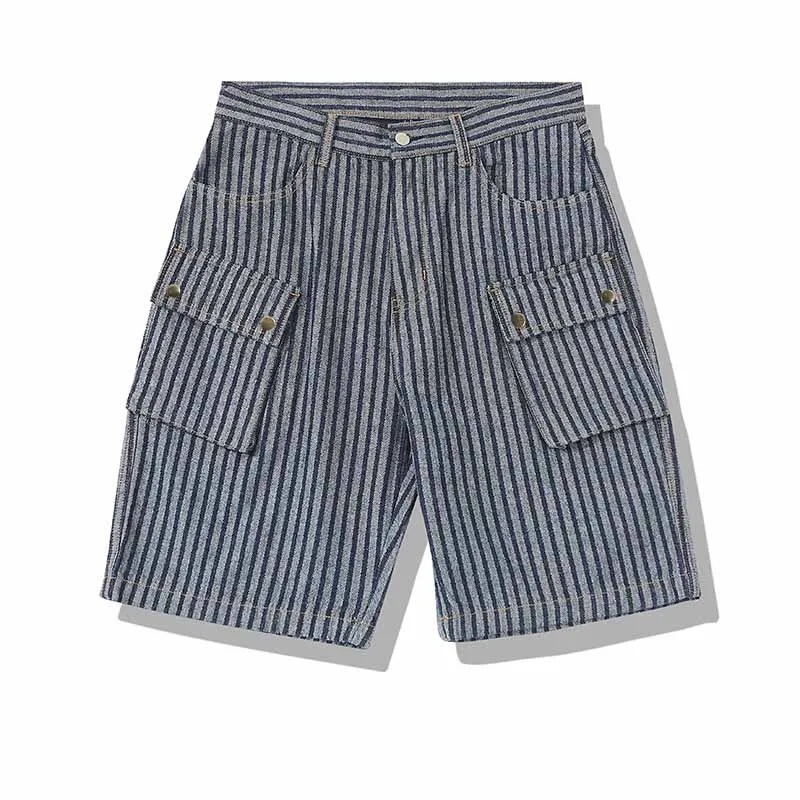 

Mcikkny Men Summer Cargo Short Jeans Multi Pockets Stripe Vintage Denim Shorts For Male Y218