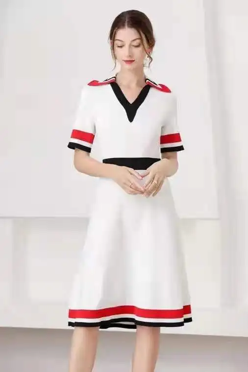 

Женское трикотажное платье-свитер, повседневное длинное трикотажное платье с отложным воротником и полосками, с коротким рукавом, осень 2021