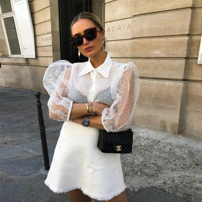 

Hot Women Mesh Sheer Blouse See-through Long Sleeve Top Shirt Blouse Fashion Pearl Button Transparent White Shirt Female