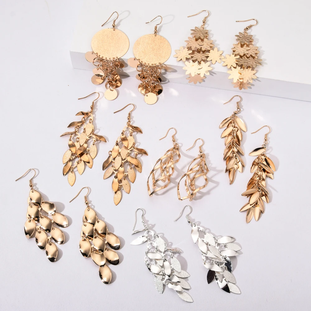Модные Многослойные длинные висячие серьги с листьями золотого и серебряного