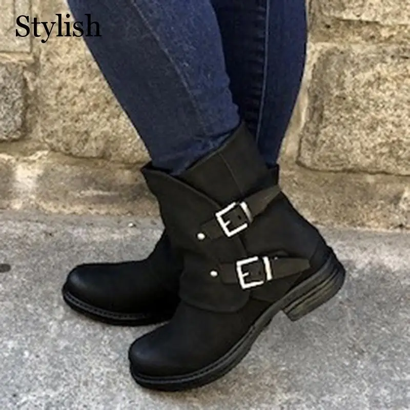 Зимние ботинки для женщин Однотонная обувь на плоской подошве с пряжкой Женская