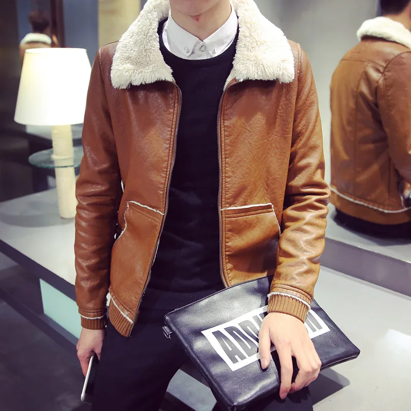 Шуба мужская из искусственной кожи приталенная куртка с лацканами корейский