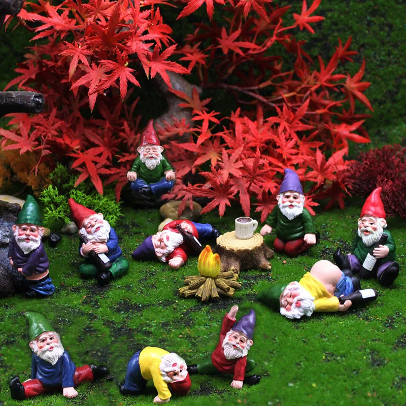 

12PC/Set Mini Fairy Garden Dwarf Bonfire Statues Drunk Yoga Gnomes Miniature Ornaments Flowerpot Garden Decor Accessories