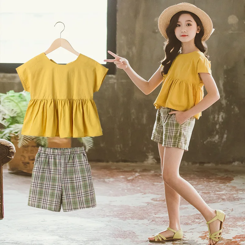 

Plaid Spring Autumn Clothes Set Baby Girls T-shirt+ Shorts 2pcs/Set Kids Costume Teenage Girl Clothing High Quality