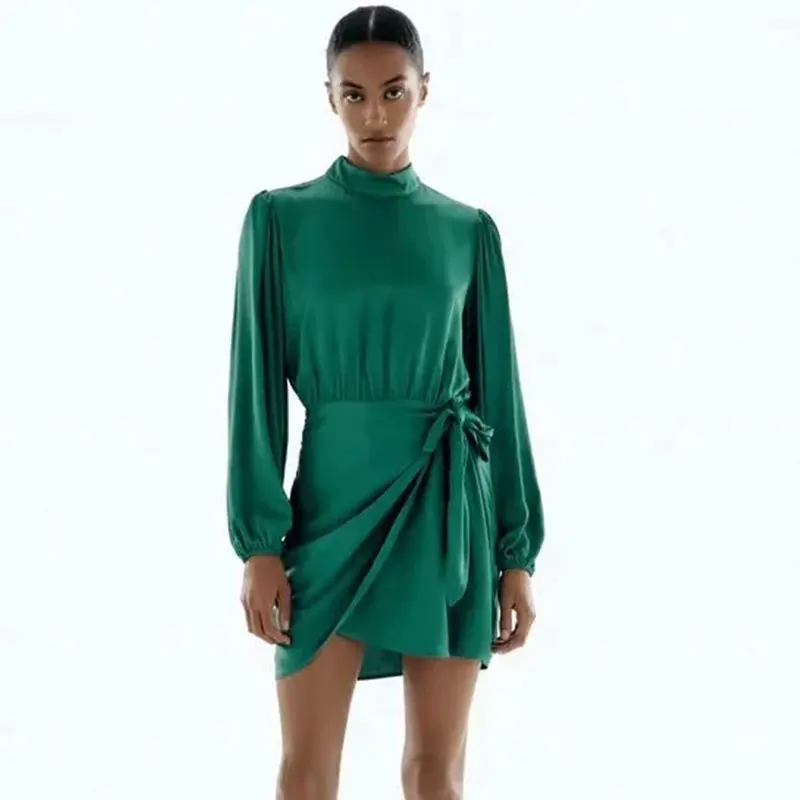 

Nlzgmsj Za Women 2021 Fashion Autumn Green Dress Women Mini Knot Dress Woman Long Sleeve Elegant Dresses Ruched Dress 202110