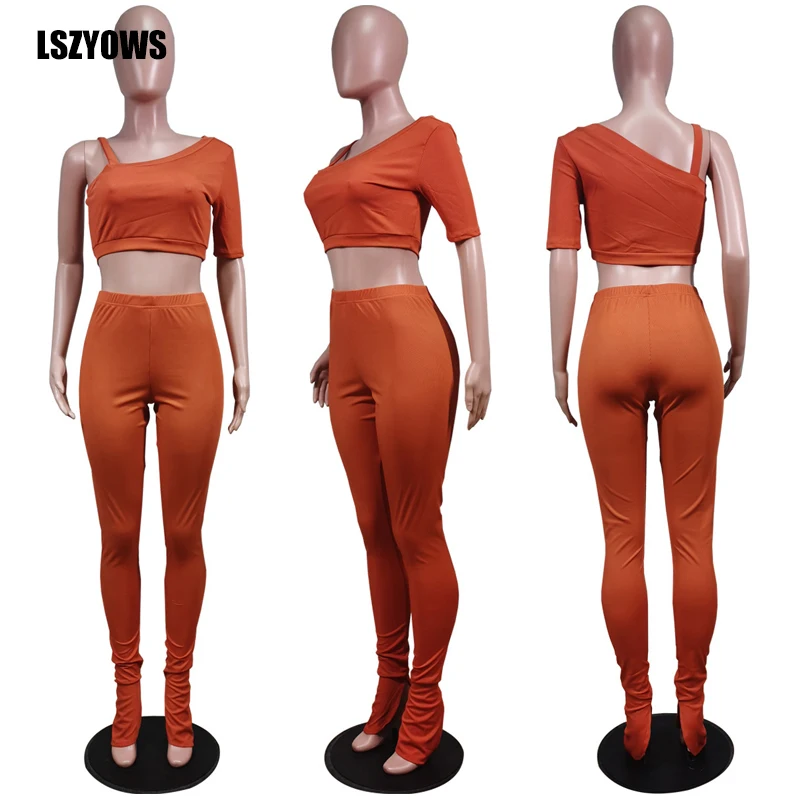 

Two Piece Set Women Solid Color Short Sleeve Straps Crop Top + Split Hem Flare Pants Club Outfit Summer Casual Skinny Tracksuits