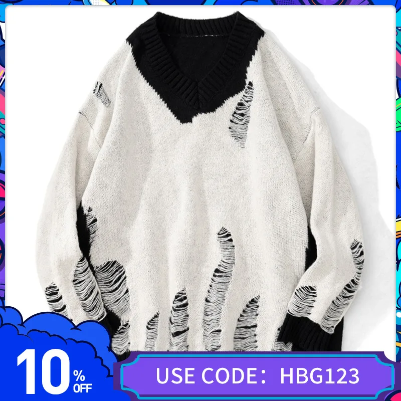 

Harajuku Hit Color Sweaters Men Autumn O-neck All-match Hipster High Street Long Sleeve Pullover Jumper Hole Patchwork Sweater