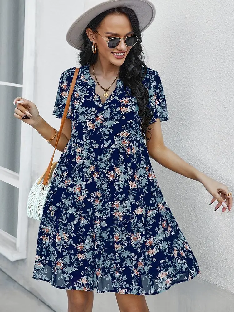 Женское пляжное платье с оборками свободное мини-платье цветочным принтом